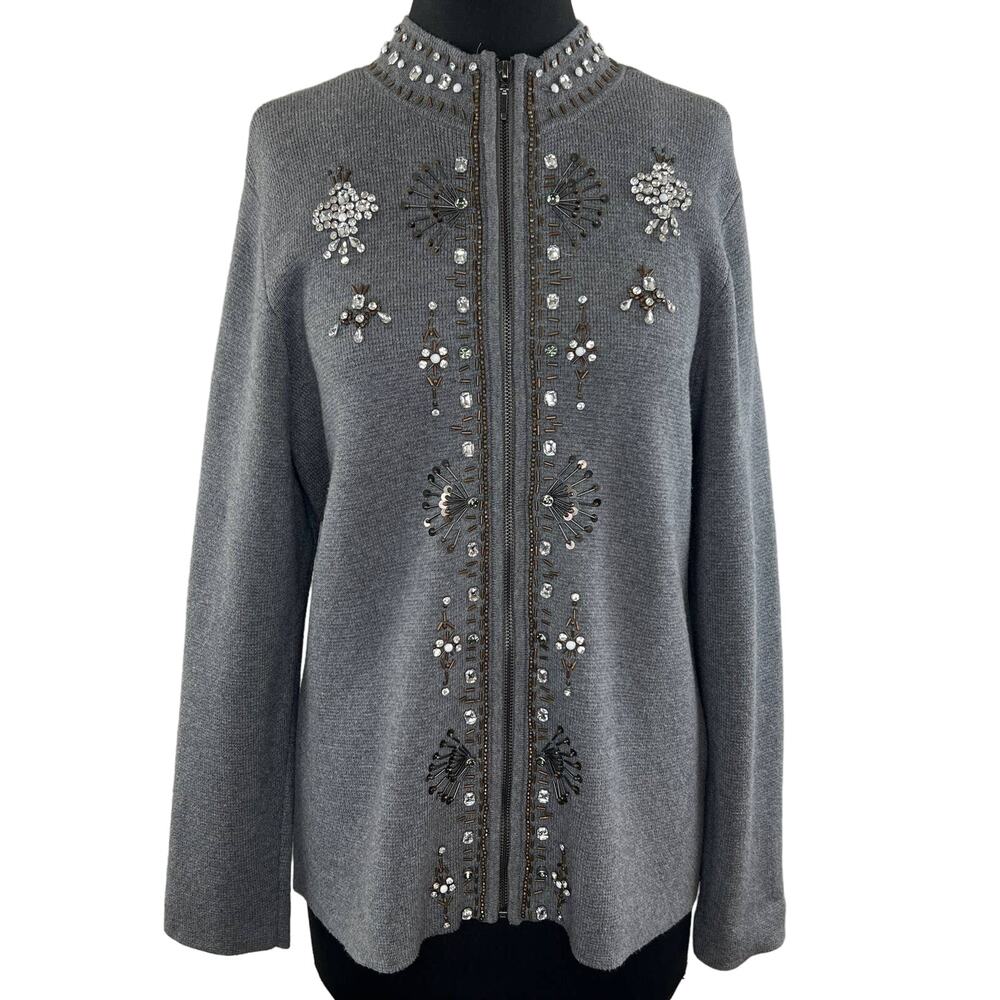 Chico’s Beaded Placket Cardigan Sweater Zip Up Cathedral Heather Gray 2 M Medium